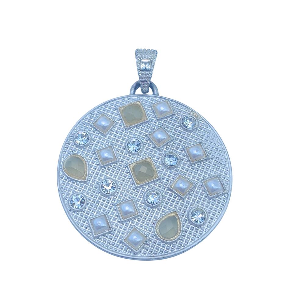 Large Round Silver Tone Rhinestone Faux Pearl Yellow Costume Medallion Pendant